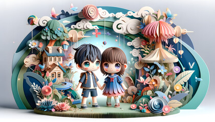 A cute boy and girl depicted in a paper art style, with elements of surrealism and 3D digital art. The scene is lovely and whimsical
