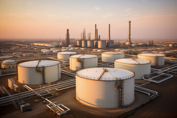 Large-scale oil refinery landscape with storage tanks