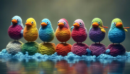 Sieben gestrickte Vögel stehen auf Garnrollen im Wasser. Für die Abenteuer des Lebens bereit.