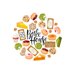 Bake House banner. Circle shape composition from hand drawn bakery production. Bake House lettering and different baking types. Various tasty bakery products menu, bakery shop, advertizing