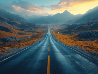 Journey through the breathtaking mountain pass, as the sun sets behind the horizon, revealing a winding road leading into a valley surrounded by towering peaks and open skies