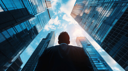 Businessman from behind, looking up at towering skyscrapers against a blue sky with clouds.