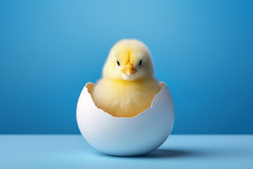 cute yellow chick in a white egg shell on a pastel blue background for Easter