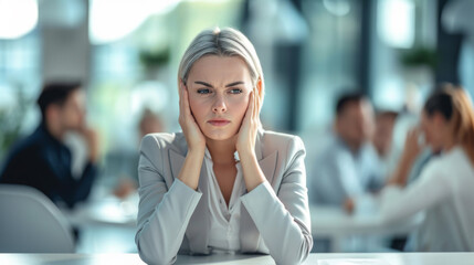 Stressed businesswoman is holding her head in her hands at her desk, showing signs of frustration or headache in an office environment.