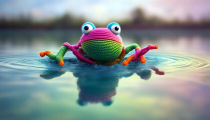 Ein gestrickter Frosch schwimmt in einem Teich. - obrazy, fototapety, plakaty
