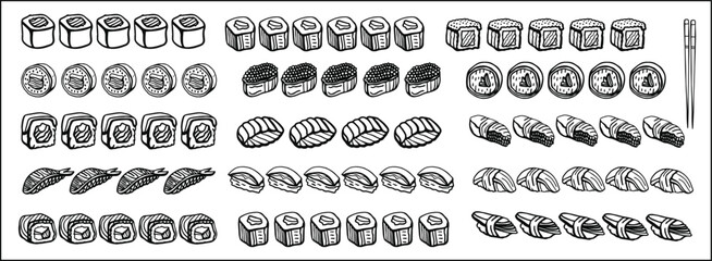 Isolated vector set of Japanese sushi set in hand drawn doodle style on a white background. Wasabi, ginger, soy sauce and sushi sticks. Asian food for restaurants menu.