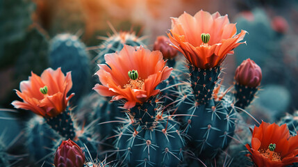 A close-up of a desert cactus with vibrant flowers blooming under a scorching sun.