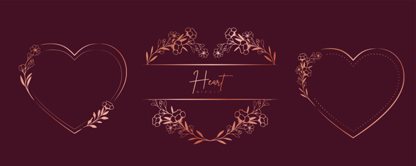 Hand drawn gold floral heart wreath and leaves. Flower botanical frame for monogram, wedding logo, invitation, postcard, and more. Vintage ornament vector illustration isolated on white background.