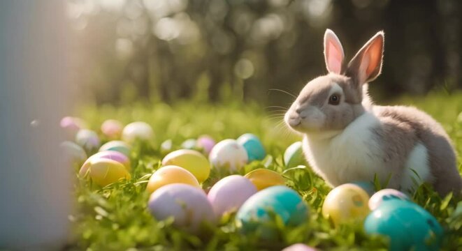 Easter bunny and eggs on grass