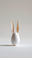 Obraz premium Aesthetic white Easter egg with bunny ears. White background. Creative stylish greeting card. Copy space. Generative AI