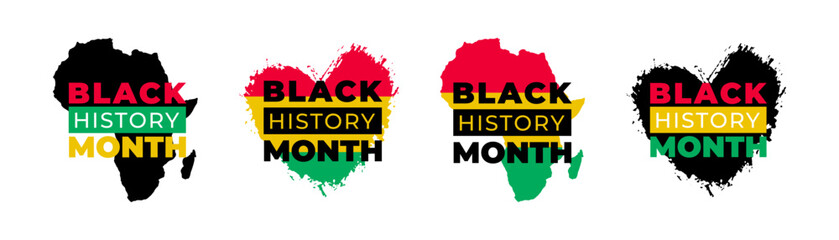 Black History Month designs set. Vector African American History Design Elements collection with Africa map, heart for poster, print, card, banner, background