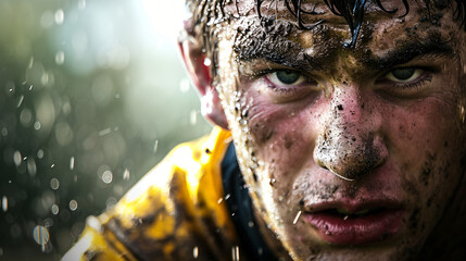 A close-up of a rugby player in action with intense focus and determination.