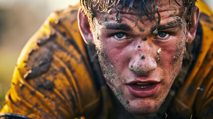 A close-up of a rugby player in action with intense focus and determination. - obrazy, fototapety, plakaty