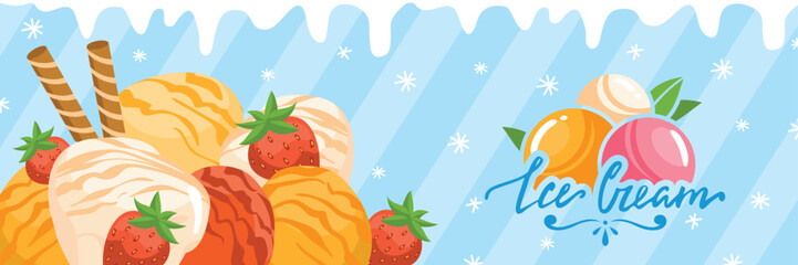 Scoops of various ice cream with strawberries and wafers. A delicious summer dessert banner. Sweet frozen treat, dessert design vector illustration.