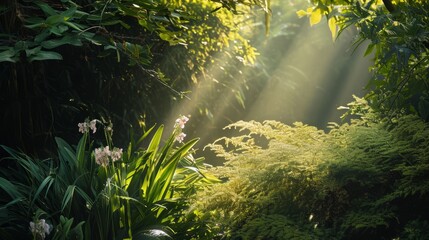 Mystical sunbeams piercing through a lush tropical forest, nature background