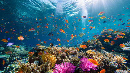 A coral reef underwater scene teeming with colorful fish and coral.