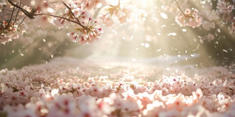 Fototapeta premium Sakura Petals Carpeting the Ground, Ethereal Springtime Scene Ideal for Backgrounds and Displays