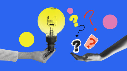 Curiosity and ideas. Generation of new ideas, and search for knowledge Contemporary art collage. Female hand with yellow light bulb and question marks. Concept of social networks, human rights