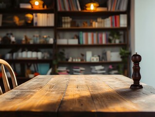 Cozy wooden table with a warm ambiance in a homely library setting