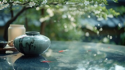 Tranquil tea setting  on a reflective surface, accentuated by cherry blossoms and koi fish