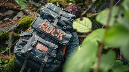 Backpack with 'RUCK' patch in a forest setting, concept for rucking and hiking