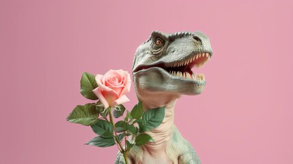 Dinosaur holding roses in love on pastel background. Valentine's day-wedding. greeting card. presentation. advertisement. copy text space. 