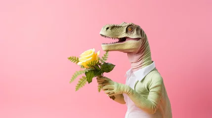 Küchenrückwand glas motiv Dinosaur holding roses in love on pastel background. Valentine's day-wedding. greeting card. presentation. advertisement. copy text space.  © CassiOpeiaZz