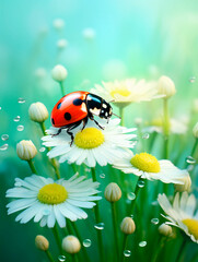 ladybug on camomile flower with water drops on green background
