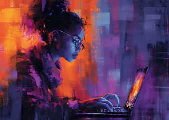 A focused artist creates a vibrant masterpiece on her laptop, using acrylic paint to bring her digital painting to life
