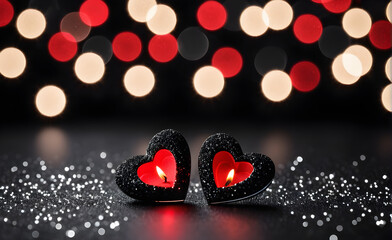 Two small red heart on a sparkling black background, Valentine's Day, Christmas. Generative AI