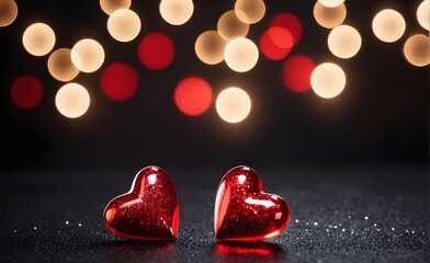 Two small red heart on a sparkling black background, Valentine's Day, Christmas. Generative AI