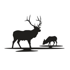 Two deers silhouette on the creek drinking water simple illustration