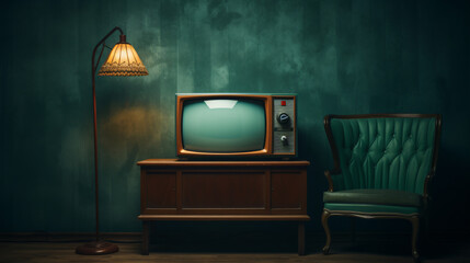 Retro TV on a stand in a dark room and lamps news
