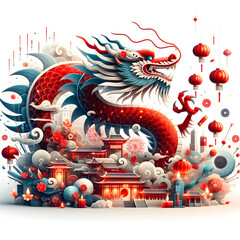 3D style artwork celebrating the Chinese New Year, featuring traditional symbols like the dragon