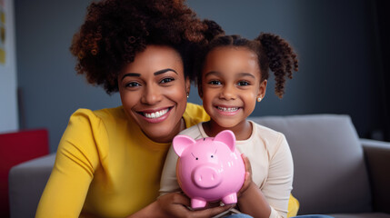Smiling mother and daughter holding a piggy bank, symbolizing financial planning and the joy of family bonding at home.