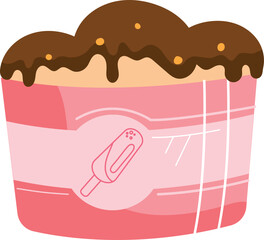 Cartoon pink ice cream pint with chocolate topping. Cute frozen dessert with sprinkles vector illustration.