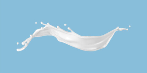 Milk splash isolated on blue background. Natural dairy product, yogurt or cream splash with flying drops. Realistic Vector illustration - obrazy, fototapety, plakaty