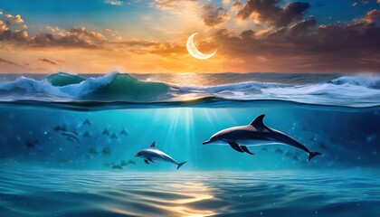 background of amazing crescent full moon over the sea and dolphins under the sea