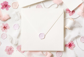 Envelope near pink decorations, seals and silk ribbons on white table top view, wedding mockup