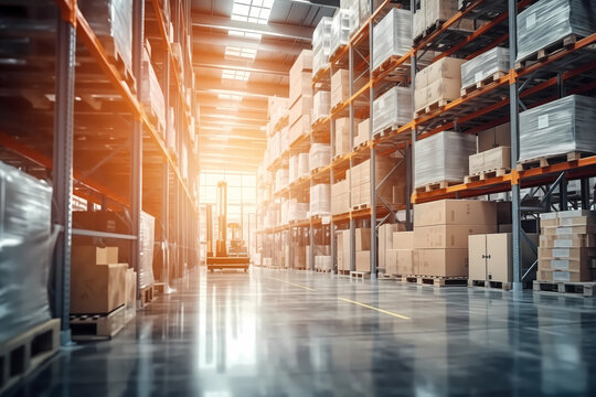 Retail warehouse full of shelves with goods in cardboards and cartons, with pallets and forklifts. Warehouse full of Shelves with boxes for Delivery. Banner Background.