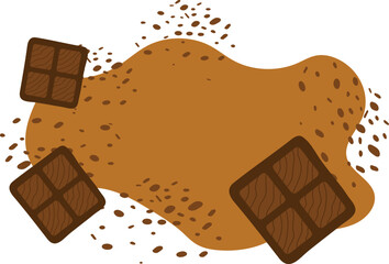 Pieces of chocolate with sprinkles and chocolate shavings on a caramel splash background. Sweet treats and dessert concept vector illustration.