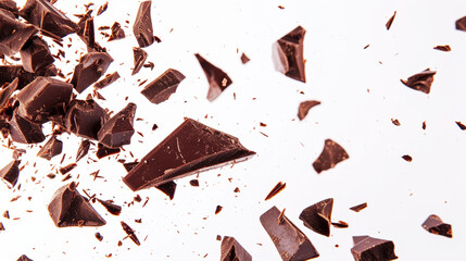 Fototapeta premium Splash of delicious broken pieces of dark chocolate. White background. Food concept. Generative AI