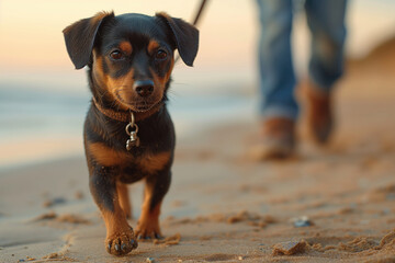 walk with a small dog along the seashore in winter