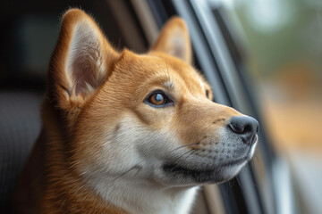 Akita Inu dog looks out of an open car window