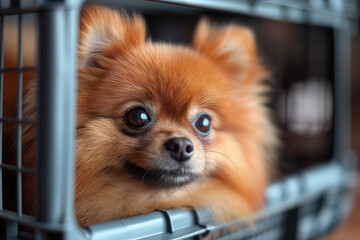 pomeranian spitz dog in a pet carrier ready to trip
