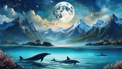 Tuinposter background of amazing crescent full moon over the sea and dolphins under the sea © blackdiamond67