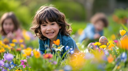 Joyful Child Playing in Vibrant Spring Garden