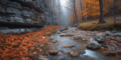 rocky canyon of a mountain stream in autumn forest