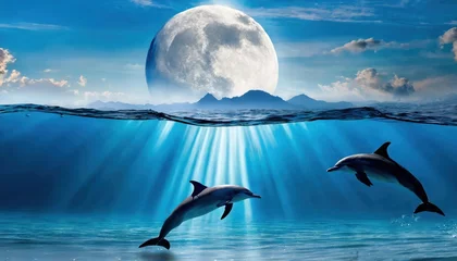  background of amazing crescent full moon over the sea and dolphins under the sea © blackdiamond67
