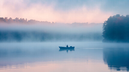 A family fishing trip on a serene lake at dawn with mist rising off the water and a small boat. - obrazy, fototapety, plakaty